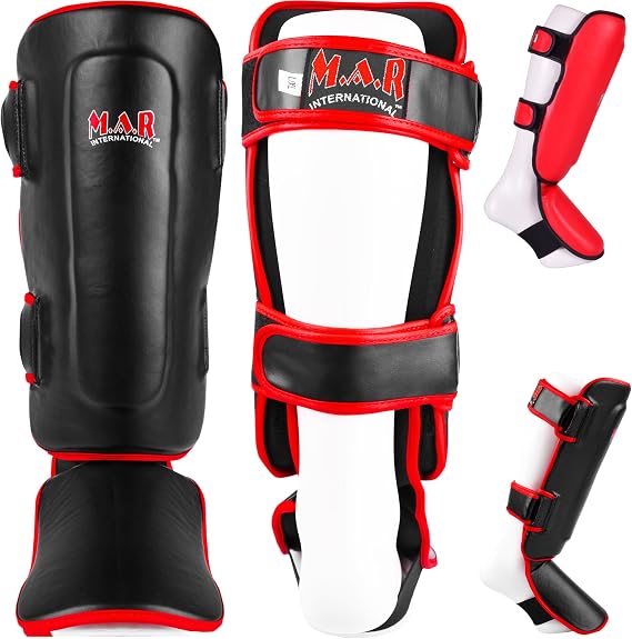 MAR | Shin and Instep Guards for Kickboxing, Muay Thai, MMA, BJJ, Karate & Taekwondo – Padded Foot & Leg Protection for Martial Arts Training & Sparring – Adult & Teen Sizes (Black, Red)
