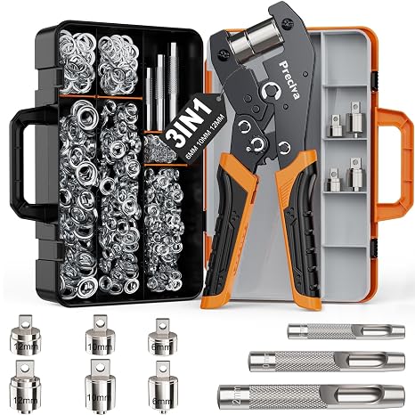 Preciva 3-Size Grommet Tool Kit - 1/2" 1/4" 3/8" Hole Punch & Eyelet Setting Tool with 300Pcs Grommets | Handheld Eyelet Plier for Tarps, Tents, Canvas, Vinyl & Leather Crafting