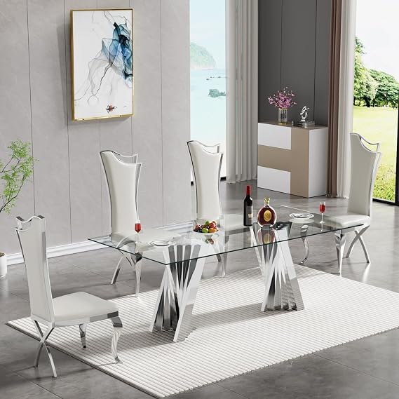 70" Modern Silver Glass Dining Room Table Set for 4, 5-Piece Rectangle Kitchen Dining Table Set with Flash-Shaped Stainless Steel Legs and 4 White Leather Harp Backrest Dining Chairs