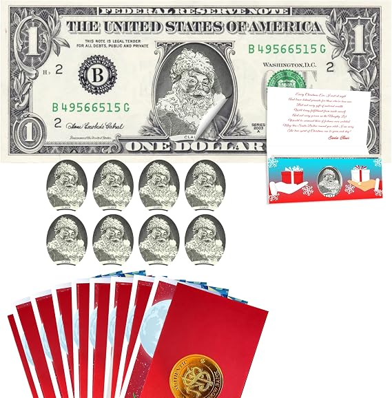 Santa Dollar Bill Seals, 8 Pack Christmas Seal Kit with Display Folios and North Pole Envelopes (Seals Only, No Bills Included)