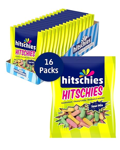 Hitschies Sour Mix - Fruity and Sour & Crisp Chewing Sweets with Soft Core - Strawberry Apple Apricot & Lemon - Gluten Free & Halal - 16 x 140 g
