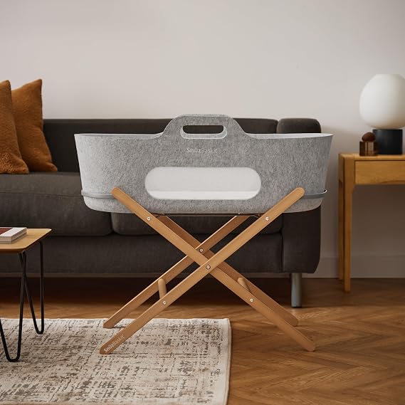 Snuz SnuzBaskit Moses Basket with Mattress & Folding Stand Bundle, Breathable Mesh Windows, Travel Crib, Suitable for Newborn to 6 Months, Stylish & Versatile for Home or Travel, Light Grey & Natural