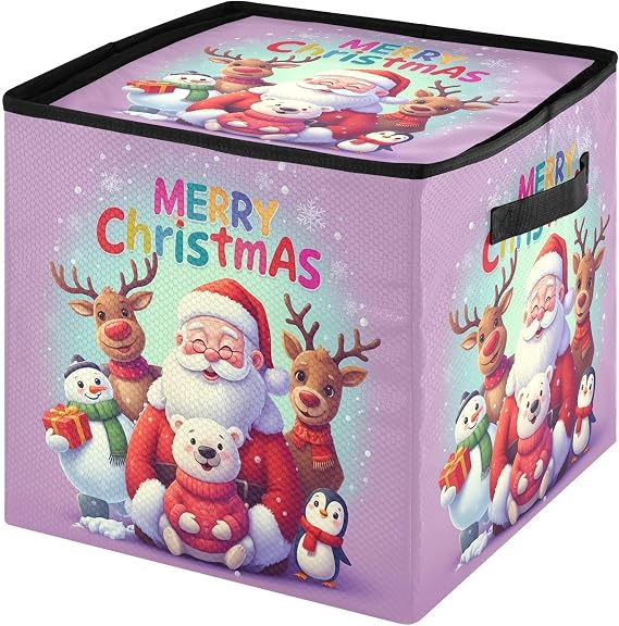 Christmas Ornament Storage Box | Stores up to 64 Holiday Ornaments, Merry Christmas Pattern Christmas Storage Containers with Lid for Holiday Decorations | 3 Inch Cube Dividers