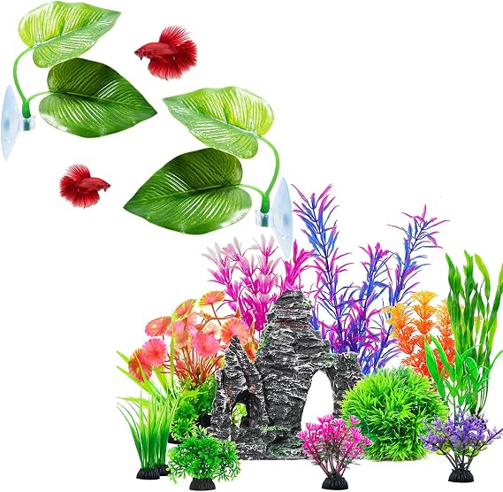 CousDUoBe 2 Pack Betta Fish Leaf Pad,13Pcs Aquarium Plants Cave Rock Decor Set& Fish Tank Artificial PlasticPlants