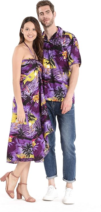 Couple Matching Hawaiian Luau Party Outfit Set Shirt Dress in Sunset Blue
