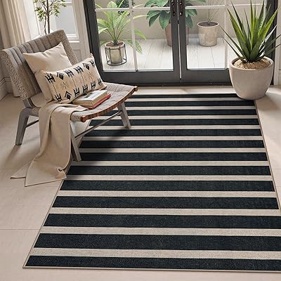 Lahome Striped Easy Jute 3x5 Outdoor Patio Porch Rug, Washable Rugs for Entryway Geometric Indoor Outdoor Living Room Carpet, Farmhouse Neutral Non Slip Black Carpet for Backyard Bedroom