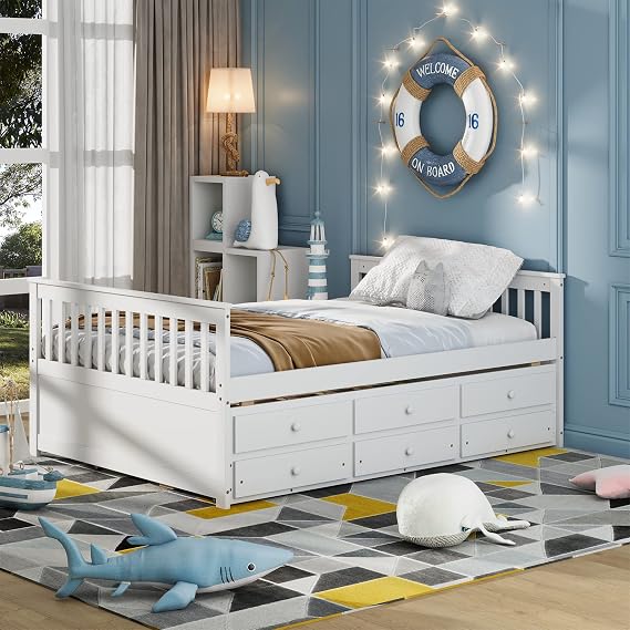 Giantex Full Captains Bed with Trundle Bed, Wood Storage Daybed with 3 Storage Drawers,No Box Spring Needed, Wooden Platform Bed Great for Kids Guests Sleepovers (Full,White)