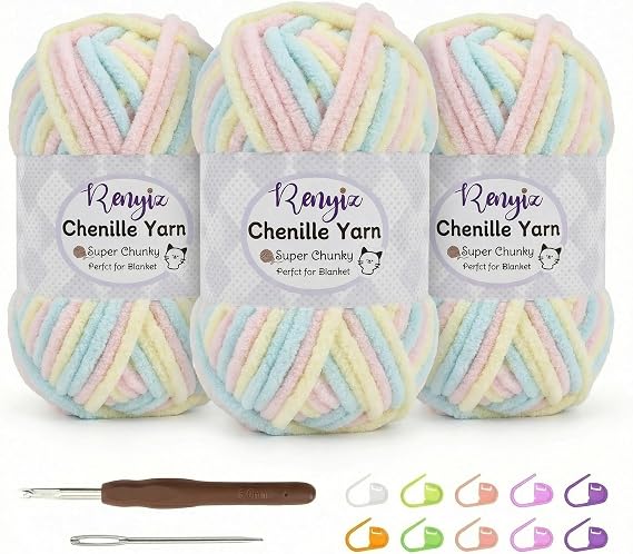 Renyiz Chunky Chenille Yarn for Crochet Kit - 3 Skeins Chenille Wool (100g Each) Soft Fluffy Thick Yarn, 6mm Crochet Hook Included for Beginners DIY Blankets (Marshmallow -3)
