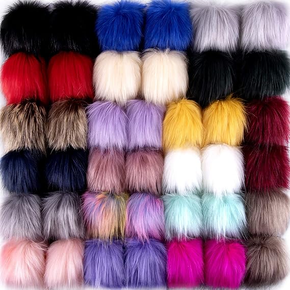 SIQUK 40 Pieces Faux Fur Pom Pom for Hats Fluffy Balls with Elastic Loop