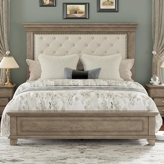 Solid Pine Wood Queen Bed Frame | 69" High Upholstered Headboard