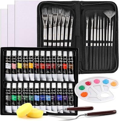 Acrylic Paint Set, MCGOR 48 Piece Professional Painting Supplies Set, with 24 Acrylic Paints, 16 Painting Brushes with Case, Paint Knife, Art Sponges, Canvas, Pallette for Artists, Students and Kids