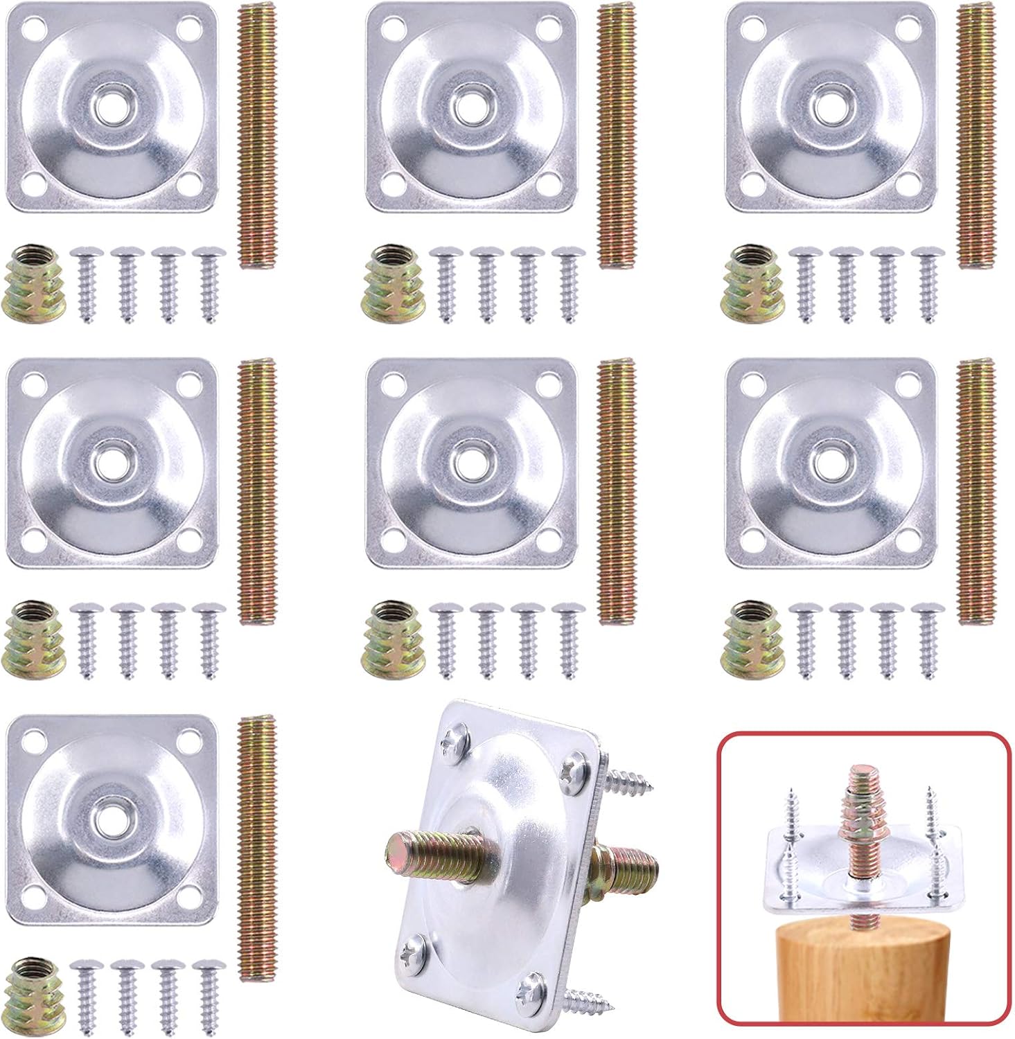 Hilitchi 8 Sets Leg Mounting Plates with Hanger Bolts Screws Furniture Repair Leg Mounting Attachment Plates for Couch Chair Sofa Furniture Legs (Silver)