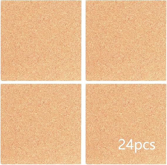 YYaaloa 24 Pcs Self-Adhesive Mini Squares Backing Cork Tiles Sheets 4"x 4" for DIY Coasters and DIY Crafts Cork Board Squares, Cork Tiles, Cork Mat (24pcs)