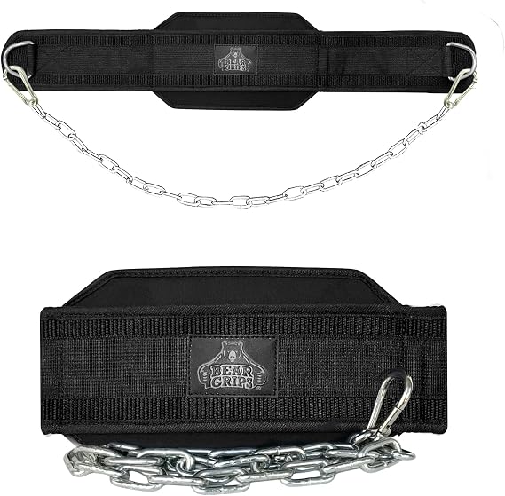 Bear Grips Dip Belt for Weight Lifting, Weight Belt for Pull Ups, Weighted Dip Belt, Weightlifting Belt for Chin Ups, With Steel Chain, 8mm Padded Support, Traditional, Plastic or Metal Buckle - Black