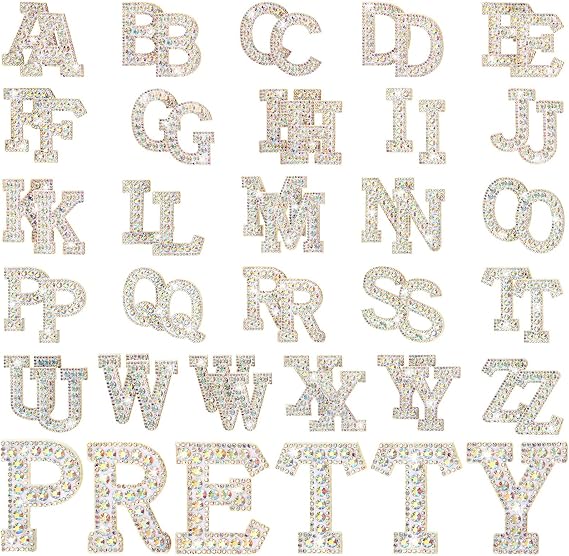 Youyole 52 Pcs Rhinestone Iron on Letter A-Z, Patch White Bling Alphabet