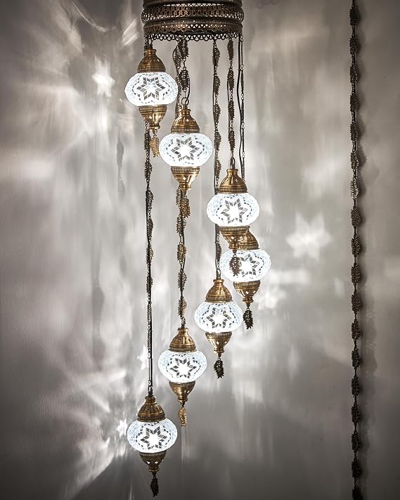 DEMMEX 7-Globe Plug-in Turkish Moroccan Mosaic Chandelier Tiffany Style Ceiling Lamp, Hanging Pendant Light Fixture, Bohemian Swag Lighting, Handmade, 15ft Cord&Chain, Hangs 5ft (White)