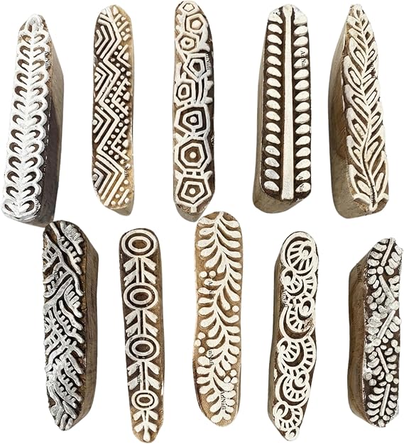 AnNafi Mehendi Print Blocks| Border Pattern Wooden Stamps (Set of 10)| Fabric Wooden Stamps Border Pattern Printing Blocks| Designer Craft for Mehandi Textile Pottery Saree Border Canvas Painting |