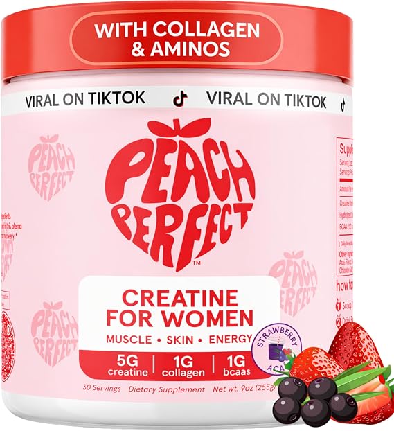 Peach Perfect Creatine for Women Micronized Creatine Monohydrate Powder with BCAA & Collagen for Glute Strength Support, Boost Energy, Focus, Strength, and Endurance Strawberry Acai, 30 Servings