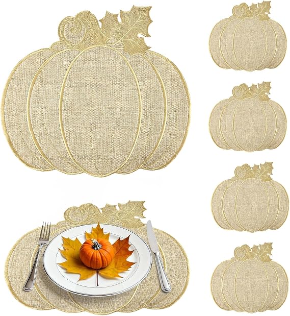 Thanksgiving Fall Pumpkin Placemats Set of 6 Neutral Embroidered Autumn Round Burlap Place Mats Farmhouse Harvest Linen Cloth Table Mats Decor for Thanksgiving Party Home Kitchen Dining Room