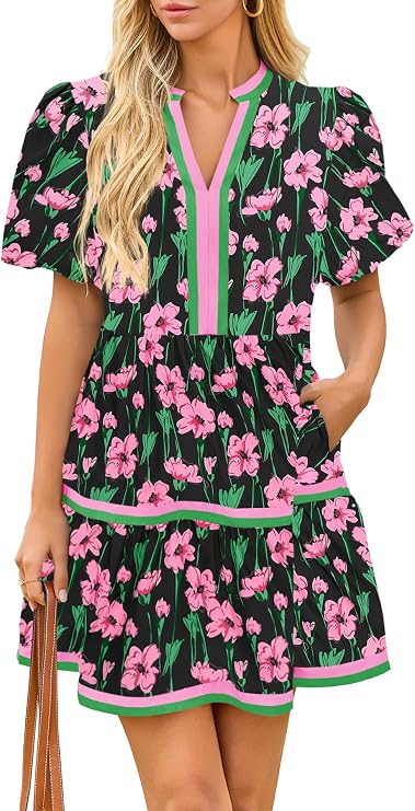 Cicy Bell Womens Summer Puff Sleeve V Neck Floral Mini Boho Beach Dresses