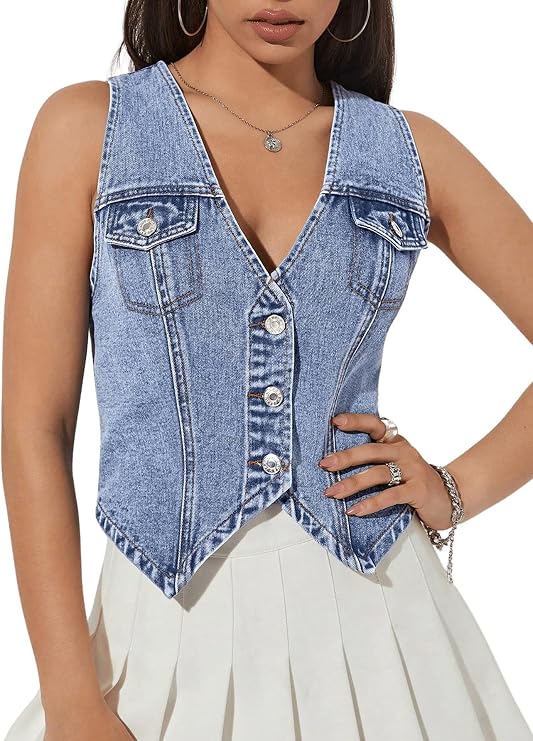 GORGLITTER Women's Denim Vest Top Sleeveless Jean Vest Cropped Tank Top