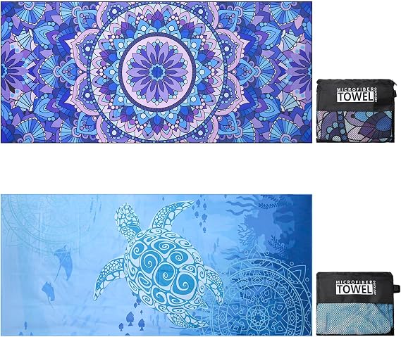 Microfibre Beach Towels 2 Pack 180x80cm Extra Large Sand Free Beach Towel for Adults Compact Thin Travel Towel Women Men Lightweight Swim Pool Yoga Towel with Bag(Turtle and Mandala)