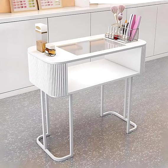 White Salon Nail Desk for Nail Tech 31.49IN (Tempered Glass Top)(Elegant Fluted Design)(Drawers & Shelves), Manicure Table with Minimalist Style