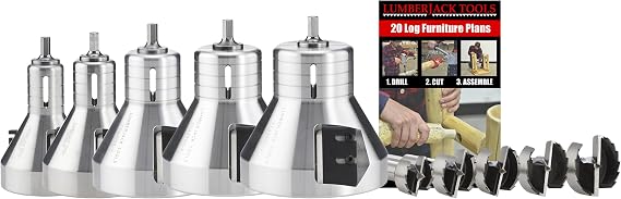 Lumberjack Tools Tenon Cutter Kit for Log Furniture, 1" & 1.5" & 2" & 2.5" & 3" Cutters & Forstner Bits, Industrial Series Aluminum, 1/2" Shank, Dual Blades Creates Tapered Shoulder Profile, Made USA