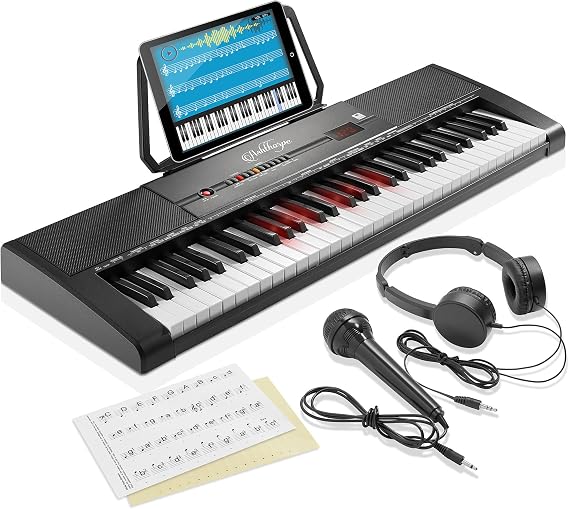 Ashthorpe 61-Key Digital Electronic Keyboard Piano with Light Up Keys, Portable Beginner Kit Includes Headphones, Mic and Keynote Stickers