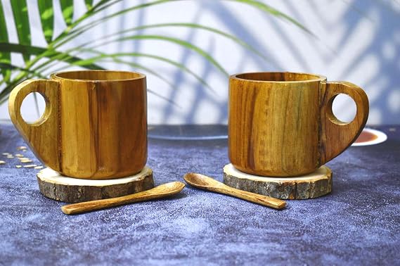 Set of 2 Natural Wooden Coffee Mugs with Coaster and Spoon 180ml| Wooden Tea, Milk, Juice, Soda Cups | Hot & Cold Beverage Mugs with Handle Ideal for Home, Office, Bar, and Gift Ideas.
