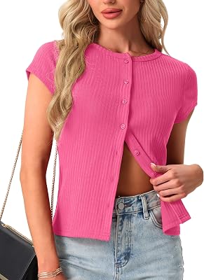 Womens Short Sleeve Shirts Casual Summer Ribbed Knit Tshirts Fitted Button Up Tops