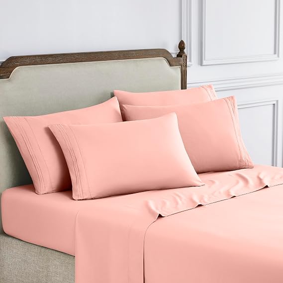 Modern Threads 6-Piece Bed Sheet Set - Deep Pocket, Soft Brushed Microfiber Sheets, Cool & Breathable for Mattress Up to 21 Inches, Includes 4 Pillowcases, Flat & Fitted Sheets, Cloud Pink Queen