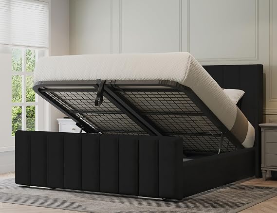 Ottoman Bed Double - Black Velvet Double Bed with Storage - Upholstered Panel Double Bed and Mattress Included & 48inch High Headboard
