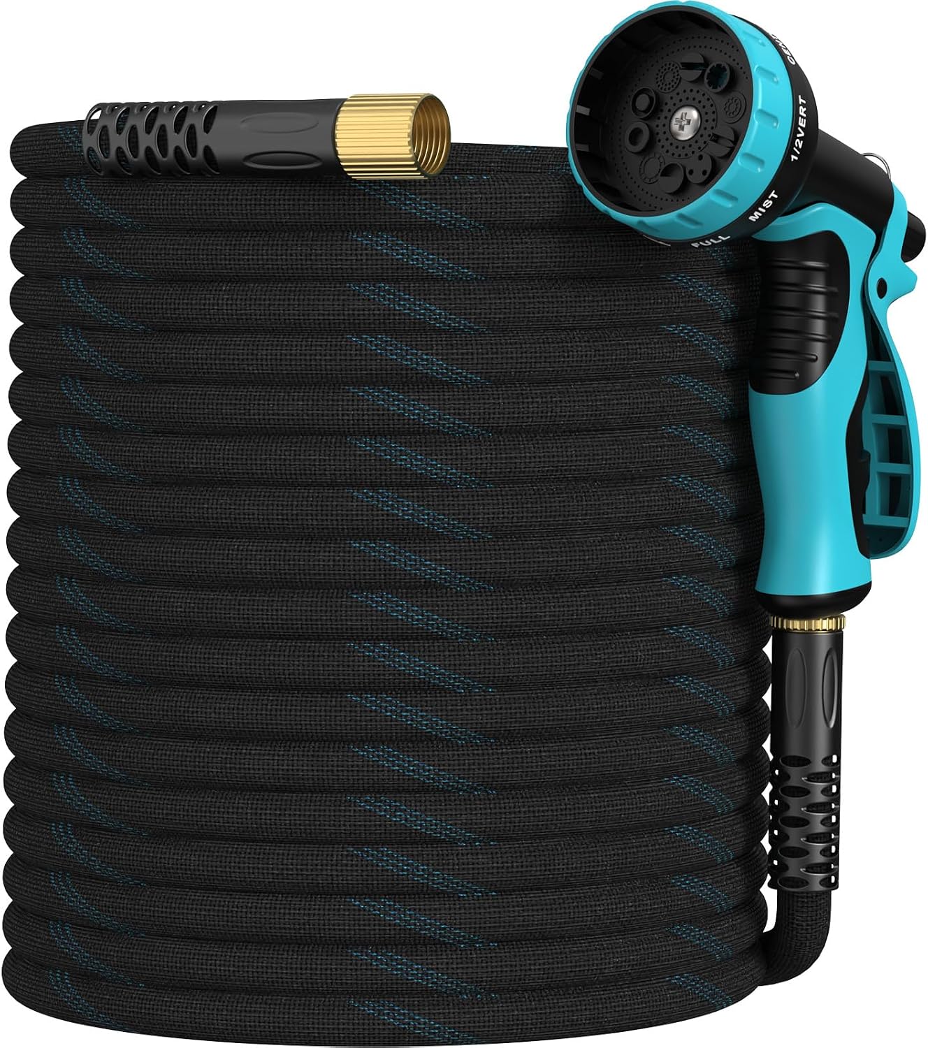 Garden Hose 50ft, Non-Expandable Lightweight & Flexible Water Hose, with 10-Pattern Spray Nozzle, Super Fabric, Leak-Proof 34 Solid Brass Alloy Connector Fittings, Durable Blue