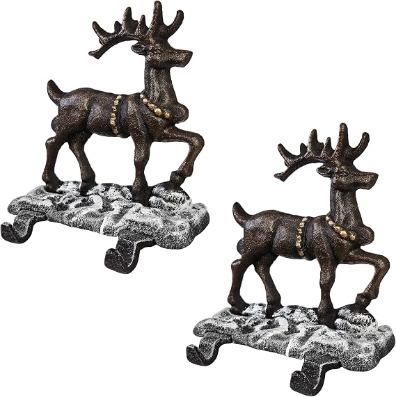 Lulu Decor, 100% Cast Iron Deer Christmas Stocking Holder with 4 Hooks, 2 Deer, Weighted and Sturdy Mantel Hangers, Strong and Heavy