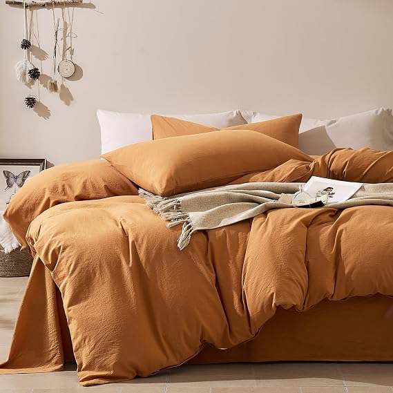 JELLYMONI 100% Cotton Twin Duvet Cover Set, Washed Linen-Like Texture