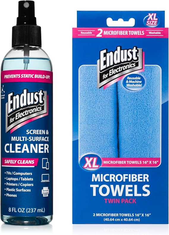 Endust for Electronics Cleaning Spray and Two XL Microfiber Towels Bundle