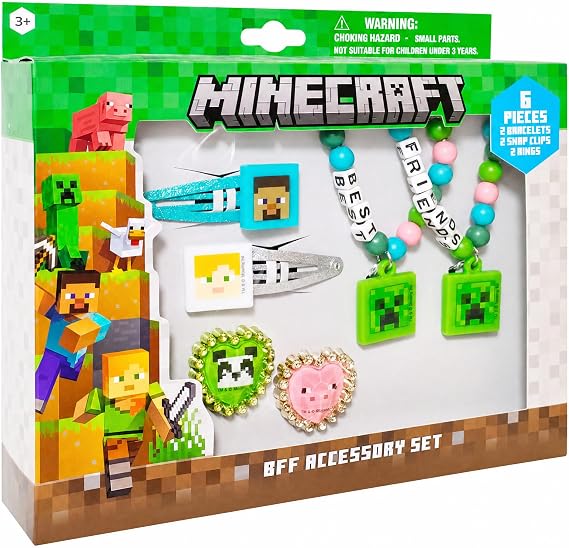 LUV HER Minecraft Girls BFF 6 Piece Toy Jewelry Box Set with 2 Rings, 2 Bead Bracelets and Snap Hair Clips Ages 3+
