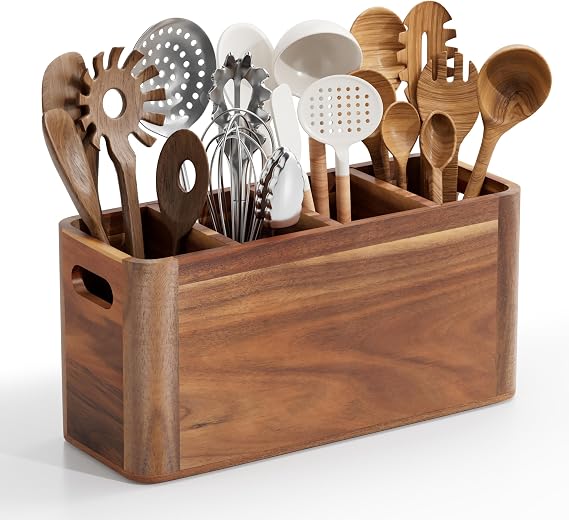ZUJJAFY Utensil Holder, Acacia Wood Kitchen Utensil Holder for Counter with 4 Compartments, Extra Large Wooden Kitchen Utensils Organizer for Countertop Cooking Spatula Storage