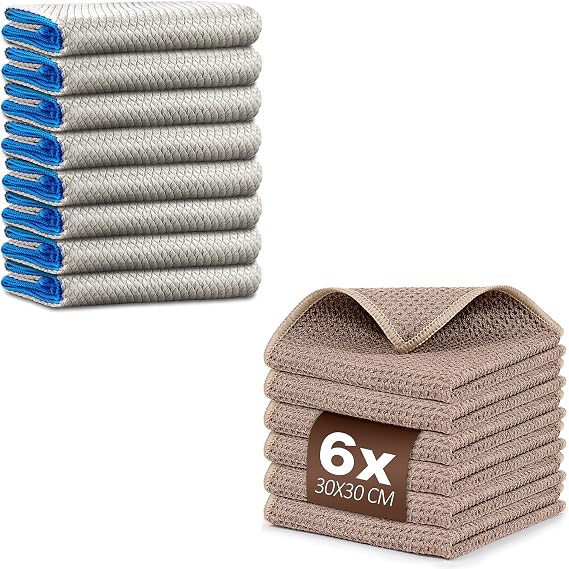 Ekedalen Easy Clean Dish Cloths Streak Free Pack of 8 and Waffle Weave Microfiber Cleaning Cloth for Dusting Khaki Pack of 6