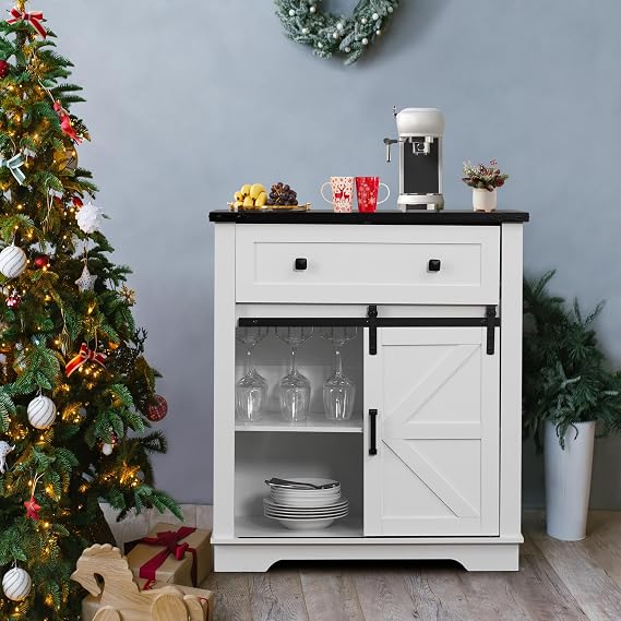 Buffet Cabinet with Storage, Farmhouse Coffee Bar Cabinet with Goblet Holder and Drawer, Sideboard with Barn Door for Kitchen, Dining Room, Living Room, White