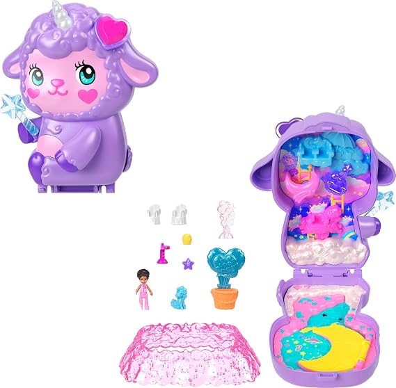 Polly Pocket bebekler ve oyun seti, kuzucuk şeklinde taşınabilir Rüyalar Diyarı mini oyun seti, 1 mikro bebek, tek boynuzlu at figürü, yiyecek ve moda tasarımı aksesuarları, JCB15