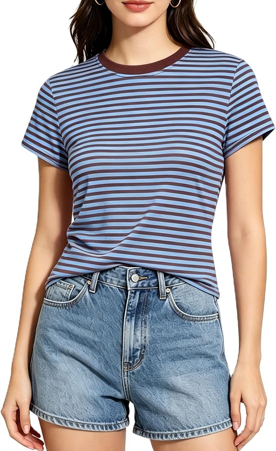 ストライプ ベビー Tシャツ レディース Y2k 半袖 スリム フィット クロップトップ ヴィンテージ クルーネック ベーシック Tシャツ 90年代 お出かけ シャツ