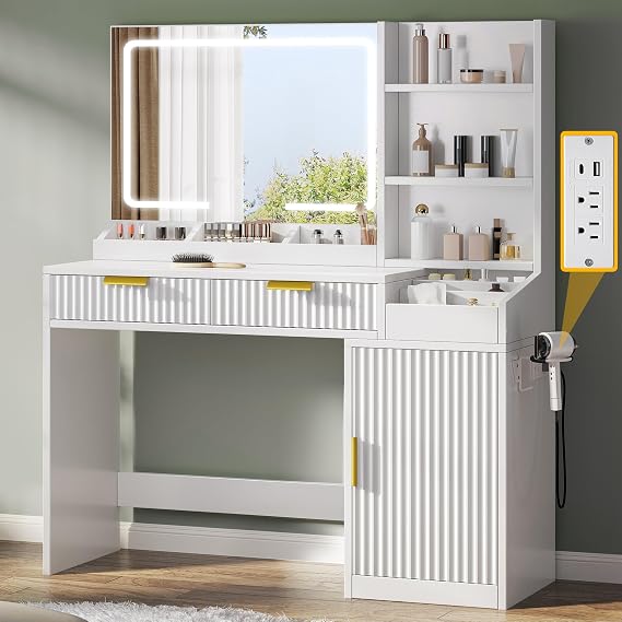 DWVO Fluted Makeup Vanity Desk with Power Outlet
