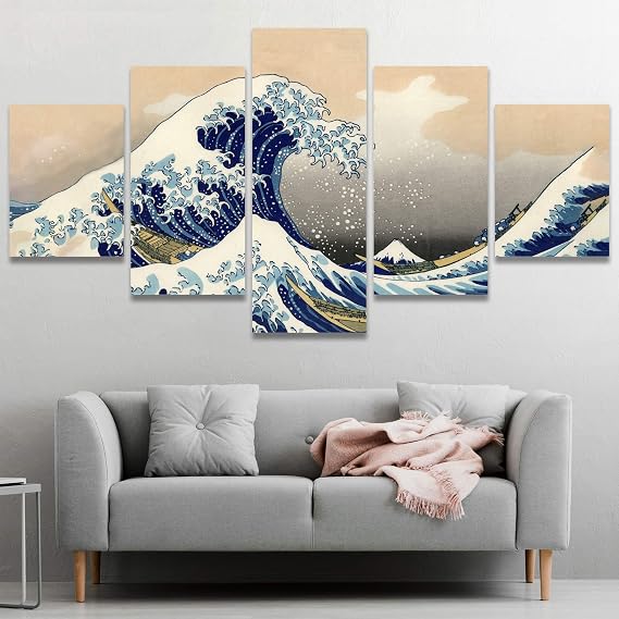 SIGNWIN Large Canvas Wall Art The Great Wave Off Kanagawa by Hokusai Abstract Plants Illustrations Impressionism Modern Panoramic Relax/Calm Multicolor for Living Room, Bedroom, Office - 60"x32"
