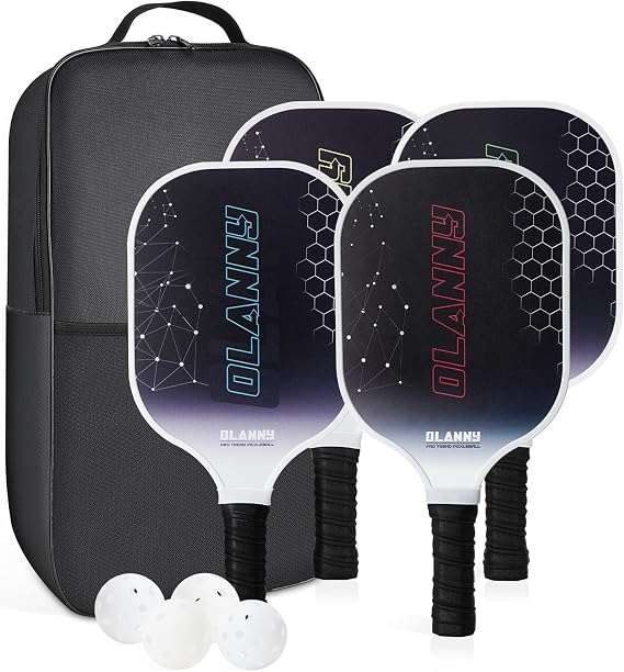 OLANNY Pickleball Paddles - Premium Rackets Face & Polymer Honeycomb Core Includes 4 Pickleball Paddles+ 2 Indoor Balls+ 2 Outdoor Balls+ 1 Portable Carry Bag