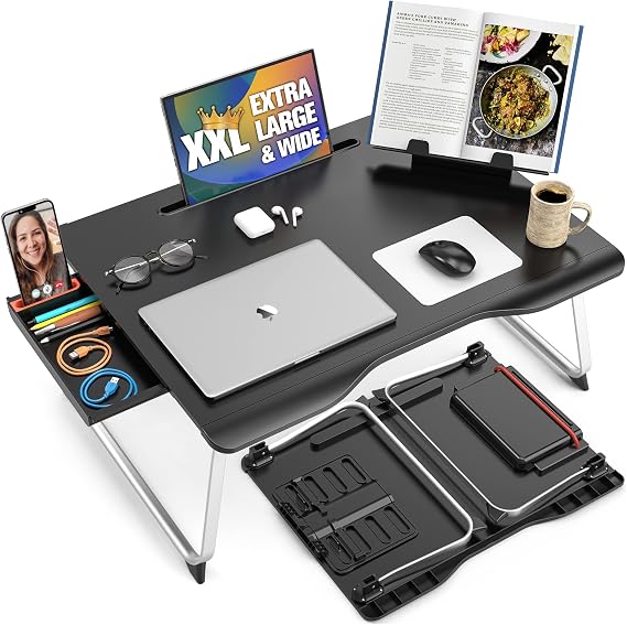 Cooper Mega Table Plus Premium XXL Extra Large Laptop Desk for Bed, Table for Laptop in Bed, Desk for Floor | Portable, Folding Legs, Book Stand, Tablet Groove, Drawer, Extra Wide Surface (Black Onyx)