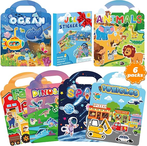 6 Pack 3D Jelly Stickers for Kids, Reusable Creative Activity Set Ages 3-8