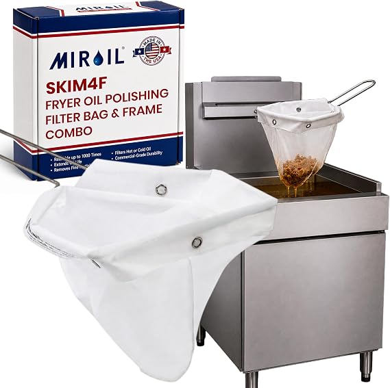 Skim Filter for Deep Fryer with Frame Reusable Fryer Oil Strainer Bag for Skimming Cooking Grease, Commercial Fryer Filter System for Food Trucks, Diners & Kitchens MirOil SK4 (13" x 7.5")