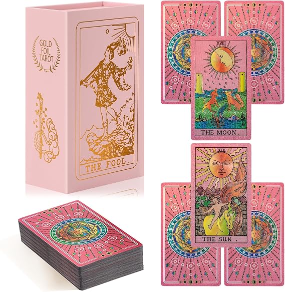 Tarot Cards for Beginners Pink Tarot Cards with Guide Book Gold Foil with Meanings on Them 78 Classic Origina Rider Waite Taro Deck Fortune Telling Game(Pink)